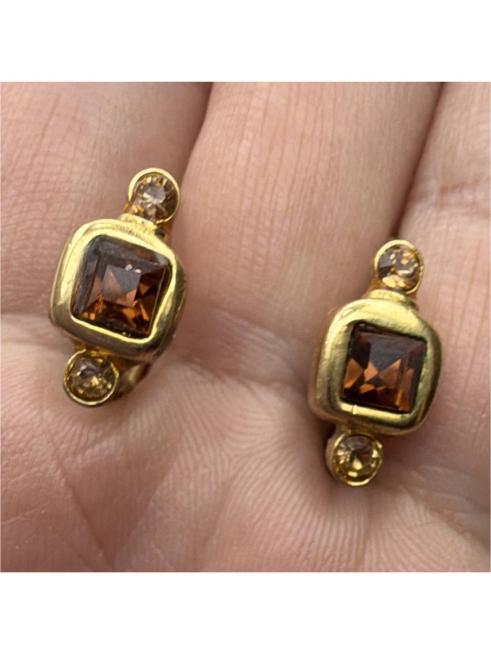 Vintage Gold-Tone Brown Square Stone Drop Earrings - Women Jewelry